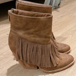 Very Volatile Tan Fringe Ankle Booties